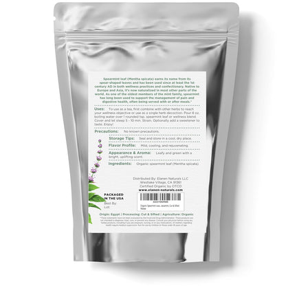 Organic Spearmint Leaves 4 oz. (113g), USDA Certified Organic Spearmint Tea Dried Loose Leaf, Dry Mint, Cut & Sifted