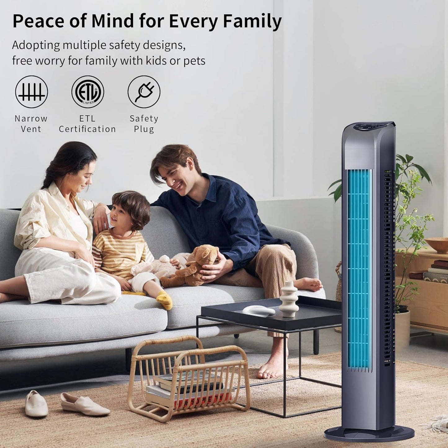 Uthfy Oscillating Tower Fan for Bedroom, Portable Standing Fan with Remote, 3 Modes 3 Speeds, 7.5H Timer, 120° Quiet Cooling for Living room, Office, Black