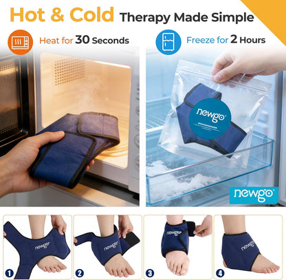 NEWGO Ankle Ice Pack Wrap for Swelling & Pain Relief, Reusable Hot Cold Gel Packs, Adjustable Brace for Plantar Fasciitis, Achilles Tendonitis, Heel Spur, Sprained Injuries - Up to 75kg Men Women