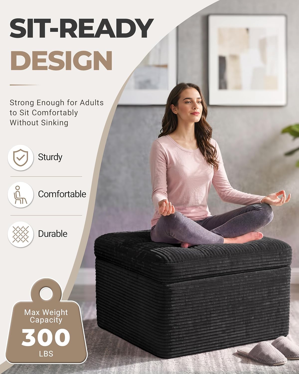 23.6in Pouf Ottoman, Corduroy Ottoman Foot Rest with Dual‑Layer Support, Large Plush Pouf with Soft Chunk‑Foam Top & Firm Foam Base, Floor Foot Stool for Living Room, Beige