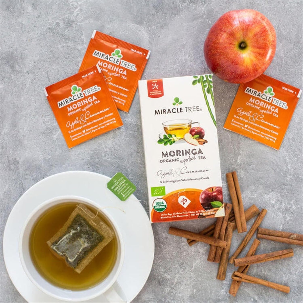 Miracle Tree Organic Moringa Tea, Apple Cinnamon, Caffeine-Free, 25 Bags