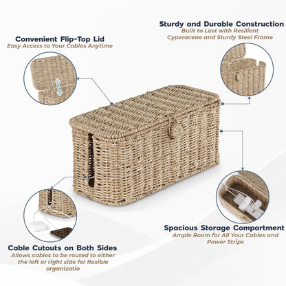 Bluewest 2-Pack Cable Management Box with Lids, Rattan Cord Organizer