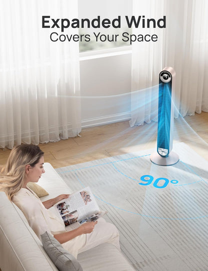 DREO Tower Fan for Bedroom, Upgraded DC 9 Speeds 20dB Ultra-Quiet Floor Fan, 90° Oscillating Fans with 28ft/s Velocity, 12H Timer, Standing Fan, Bladeless Fan Powerful for Home, Black