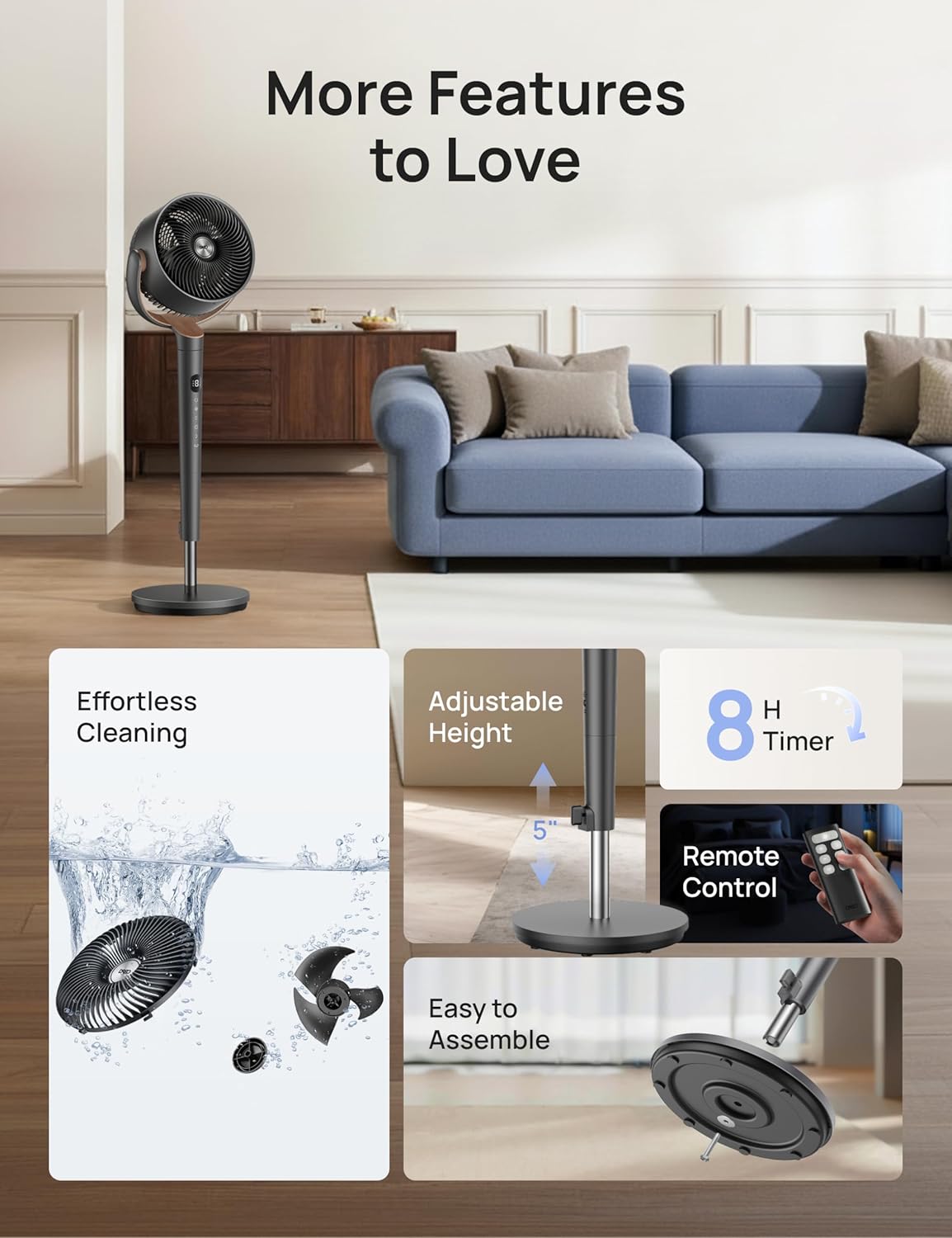 DREO Fan for Bedroom, 120° Oscillating Standing Fan, Quiet Floor Fan with DC Motor, Pedestal Fan for Room, 9 Speeds, 4 modes, 20dB, 120° Manual Vertical, 37-42" Adjustable Height, 9H Timer, Dark Gray