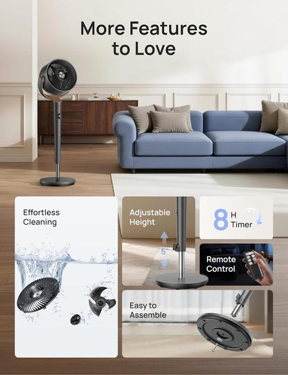 DREO Fan for Bedroom, 120° Oscillating Standing Fan, Quiet Floor Fan with DC Motor, Pedestal Fan for Room, 9 Speeds, 4 modes, 20dB, 120° Manual Vertical, 37-42" Adjustable Height, 9H Timer, Dark Gray
