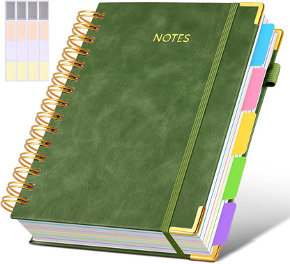 Hardcover Spiral Notebook journal with Removable Dividers Tabs, 300 Pages Leather 5 Subject Notebook College Ruled, 8"x10" Large B5 Notebooks for Work School Note taking, Lined Journal for Women,Black