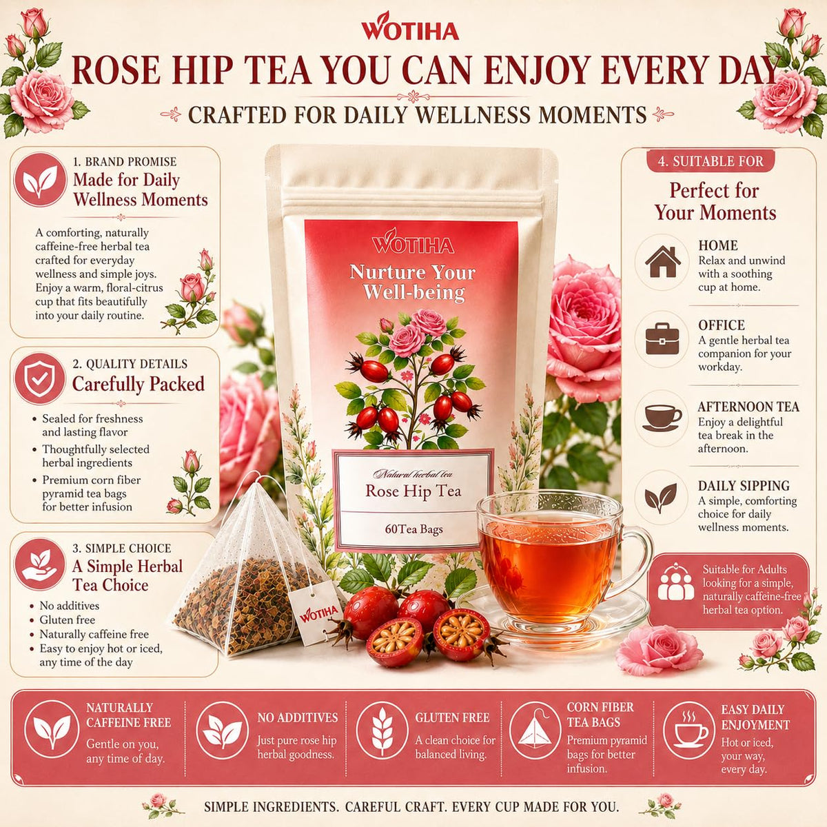 WOTIHA Rosehip Herbal Tea Bags, Caffeine-Free, 60 Count