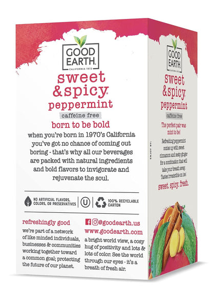 Good Earth Tea Sweet & Spicy Caffeine Free Peppermint Herbal Tea, 18 Teabags (Pack of 6)
