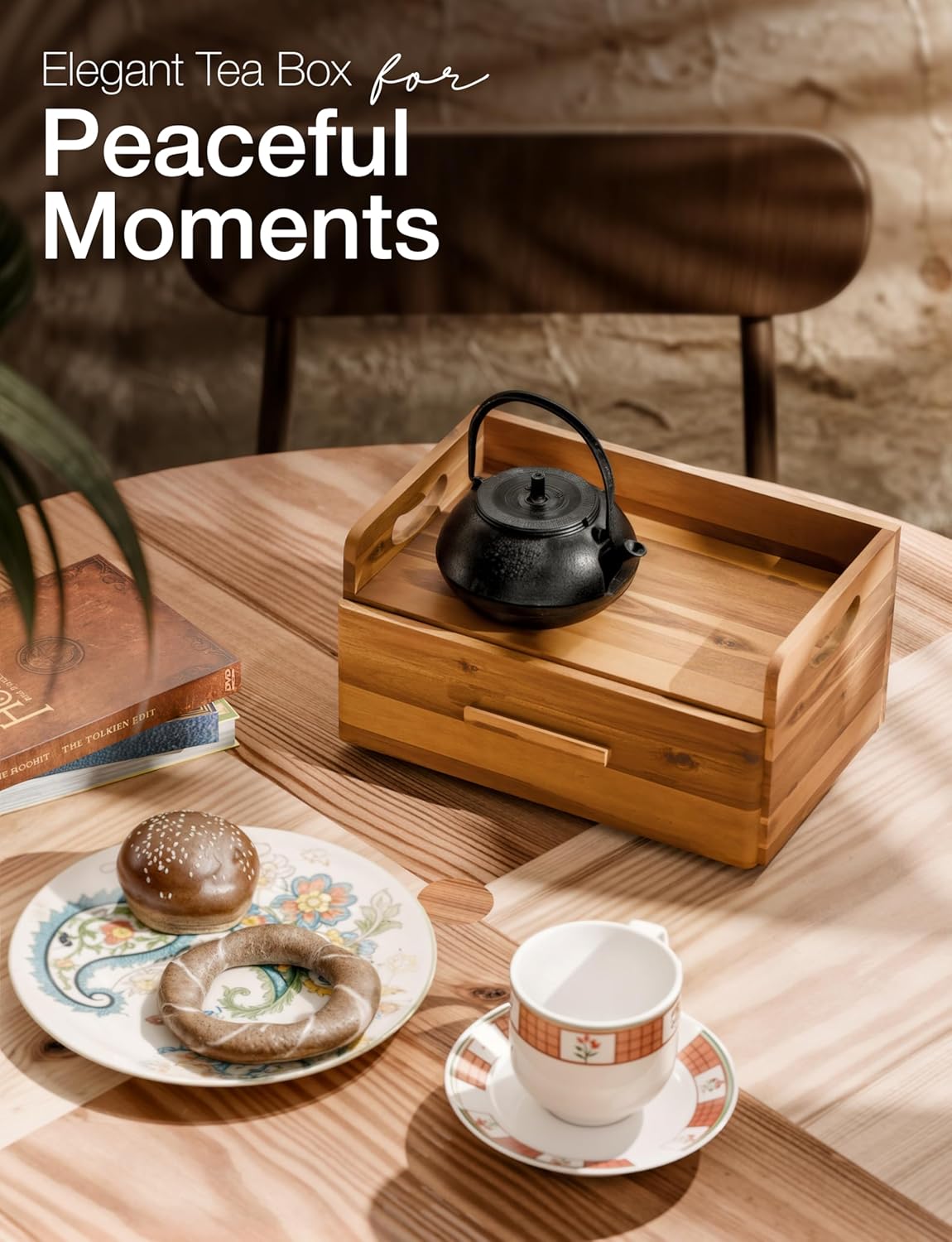 TINAMO Acacia Wooden Tea Box Organizer with Drawer for Tea & Coffee Storage