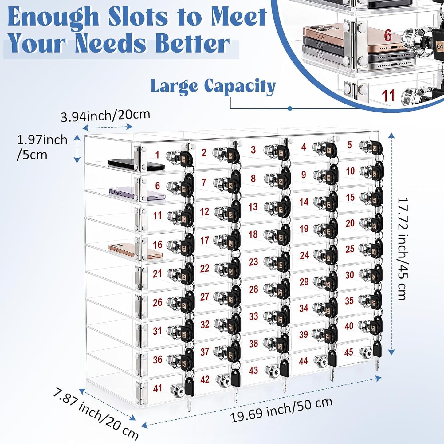 Layhit 20 Slots Cell Phone Locker Box for Classroom Clear Acrylic Cell Phone Storage Cabinet Bin with Door Locks for Classroom School Students Office Factory Employees