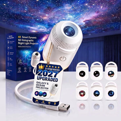 2027 New Hd Smart Dynamic 5d Holographic Night Light Projector, Plug and Play Hd Star Projector, 360° Adjustable Hd Galaxy and Ocean Projector for Bedroom Ceiling (24 Projection Films)