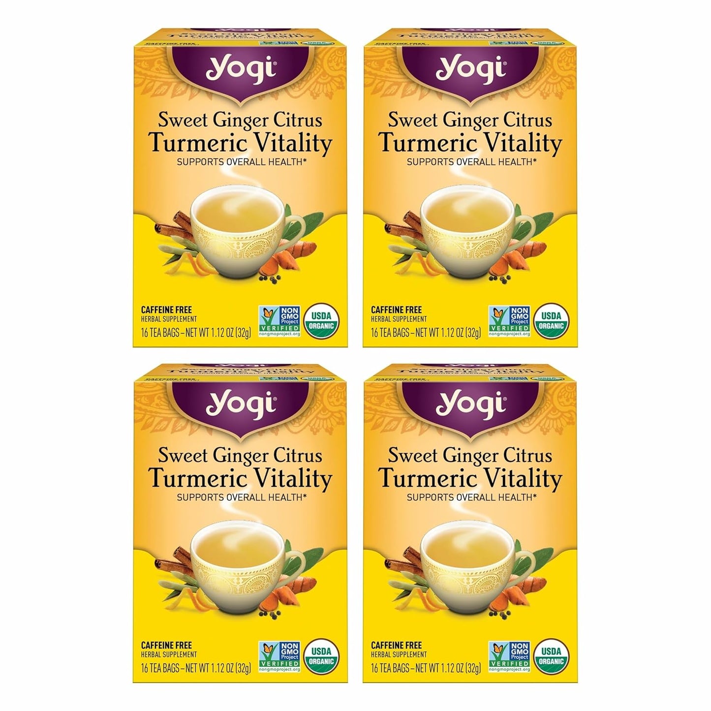 Yogi Tea Sweet Ginger Citrus Turmeric Vitality - 16 Bags per Pack (4 Packs) - Organic Ginger & Turmeric Root Tea - Supports Well-being - Includes Cinnamon Bark & More