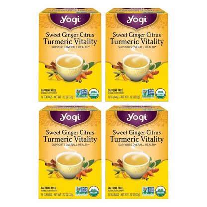 Yogi Tea Sweet Ginger Citrus Turmeric Vitality - 16 Bags per Pack (4 Packs) - Organic Ginger & Turmeric Root Tea - Supports Well-being - Includes Cinnamon Bark & More