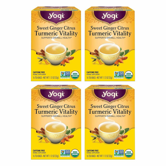 Yogi Tea Sweet Ginger Citrus Turmeric Vitality - 16 Bags per Pack (4 Packs) - Organic Ginger & Turmeric Root Tea - Supports Well-being - Includes Cinnamon Bark & More