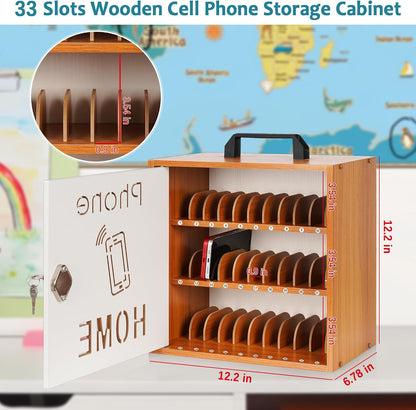 Wooden Phone Lock Box, Cell Phone Locker with 33 Adjustable Dividers | Phone Storage Cabinet with Security Lock & Handle, Desktop Phone Organizer for Classroom, Office & Repair Shops