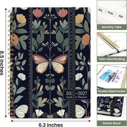 Planner 2026-2027, Academic Monthly and Weekly Calendar Planner for Women, July 2026 - June 2027, Hardcover Pretty Agenda Planner Book with Tabs, Spiral Daily Organizer for School Office Home Supplies, 6.3" x 8.5" - Blue Floral