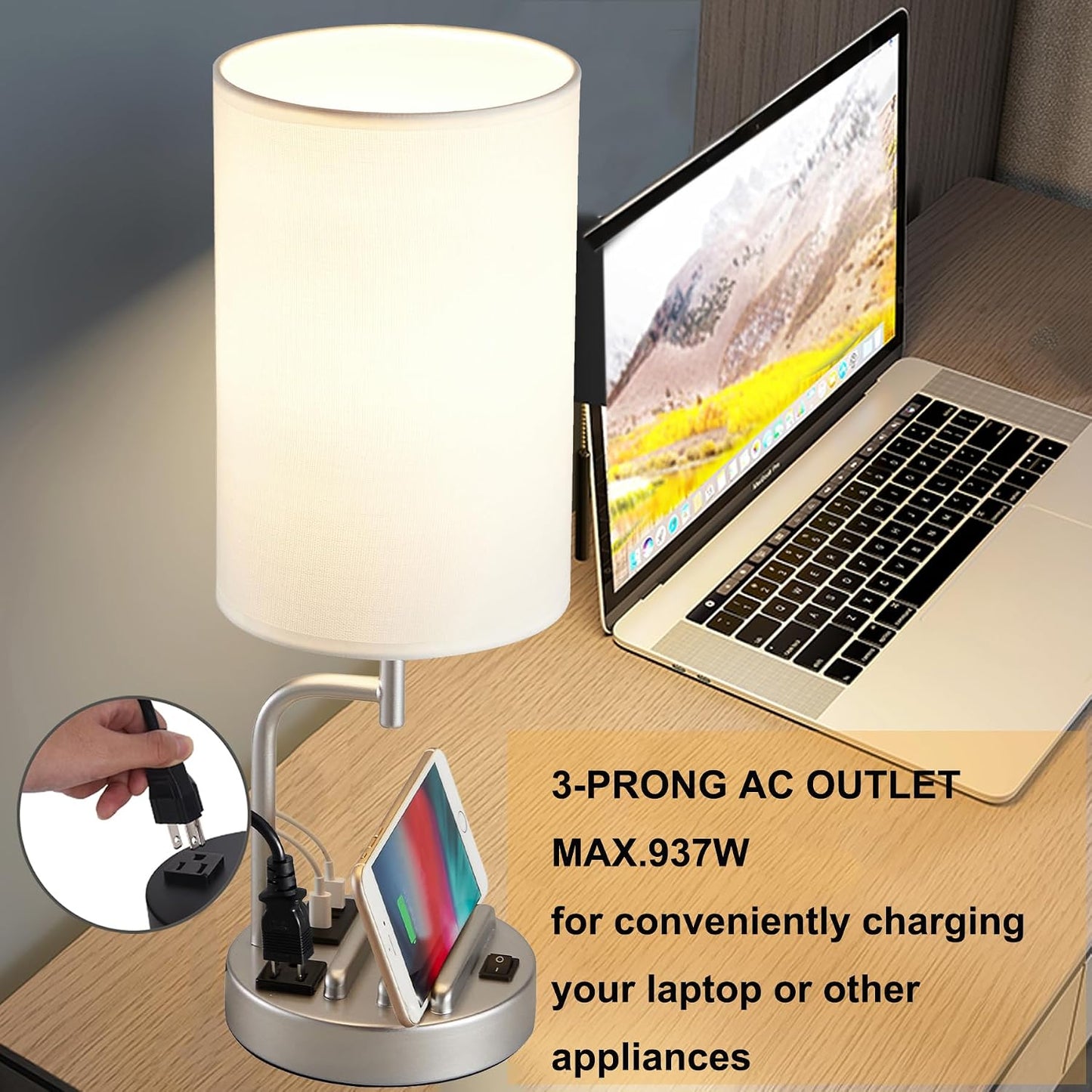 Dreamholder Table Lamp with 3 USB Charging Ports, Modern Desk Lamp with AC Outlet and Phone Stands, Perfect Bedside Lamp for Bedroom, Living Room, Office (Pack of 2), Cream