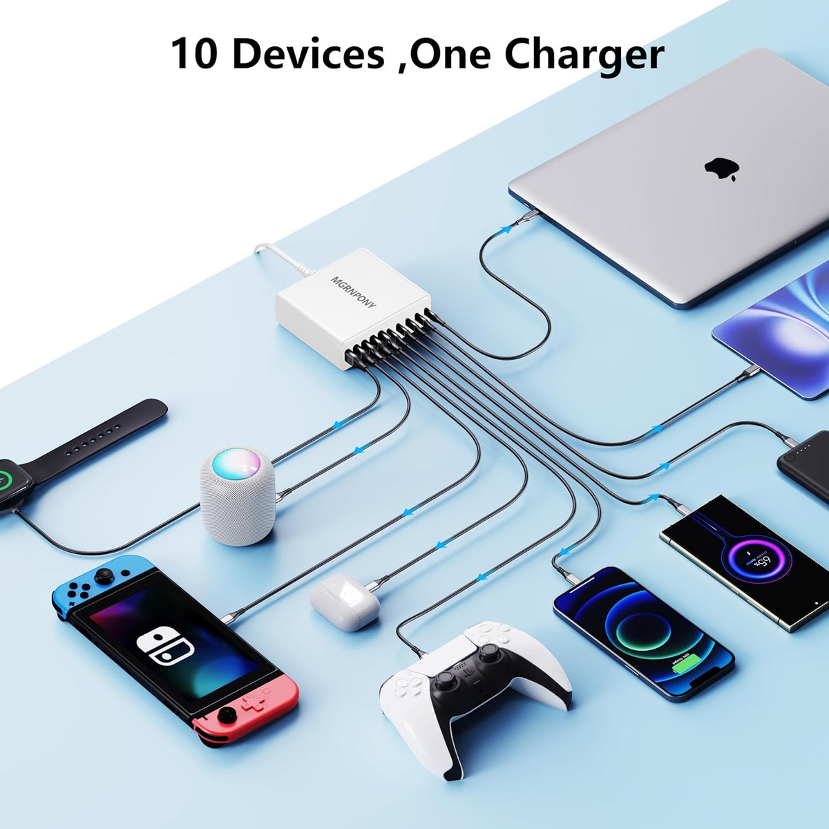 320W USB C Charger Block, MGRNPONY 10-Port GaN USB C Charging Station Black