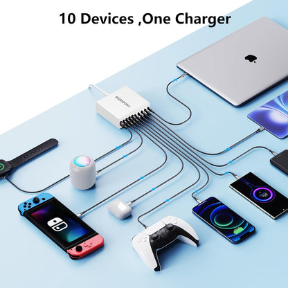 320W USB C Charger Block, MGRNPONY 10-Port GaN USB C Charging Station Black