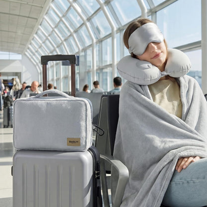 Bedsure Travel Blanket Set with Inflatable Neck Pillow and Eye Mask, Grey