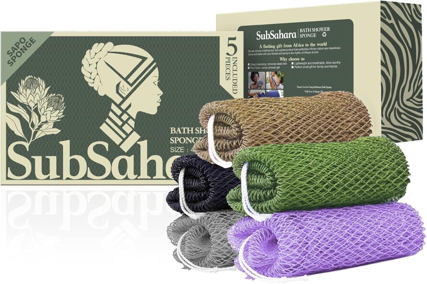 SubSahara Authentic African Net Sponge - 2 Pack Exfoliating Bath & Shower Loofah Sponge for Body & Face, Gentle Scrubber for All Skin Types, Travel, Durable Polyester (Olive Green & Light Green)