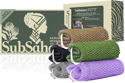 SubSahara Authentic African Net Sponge - 2 Pack Exfoliating Bath & Shower Loofah Sponge for Body & Face, Gentle Scrubber for All Skin Types, Travel, Durable Polyester (Olive Green & Light Green)