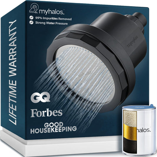 MyHalos® Filtered Shower Head for Hard Water Filter - High Pressure, Removes Chlorine - Shower Head Filter for Hard Water Softener Showerhead, Easy Install, For Hair & Skin, Filtering (Chrome)