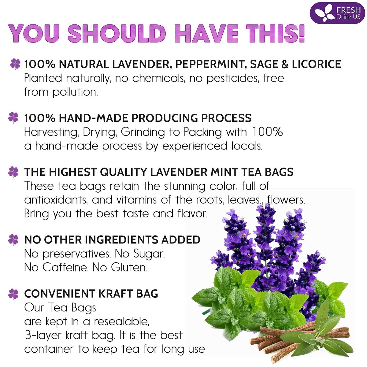 FreshDrinkUS, Premium Lavender Mint Tea, 75 Count, Caffeine Free, Vegan
