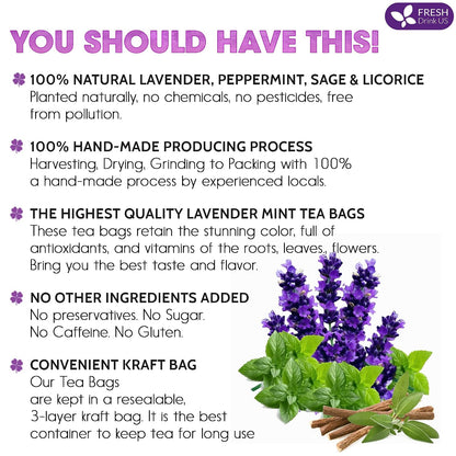 FreshDrinkUS, Premium Lavender Mint Tea, 75 Count, Caffeine Free, Vegan