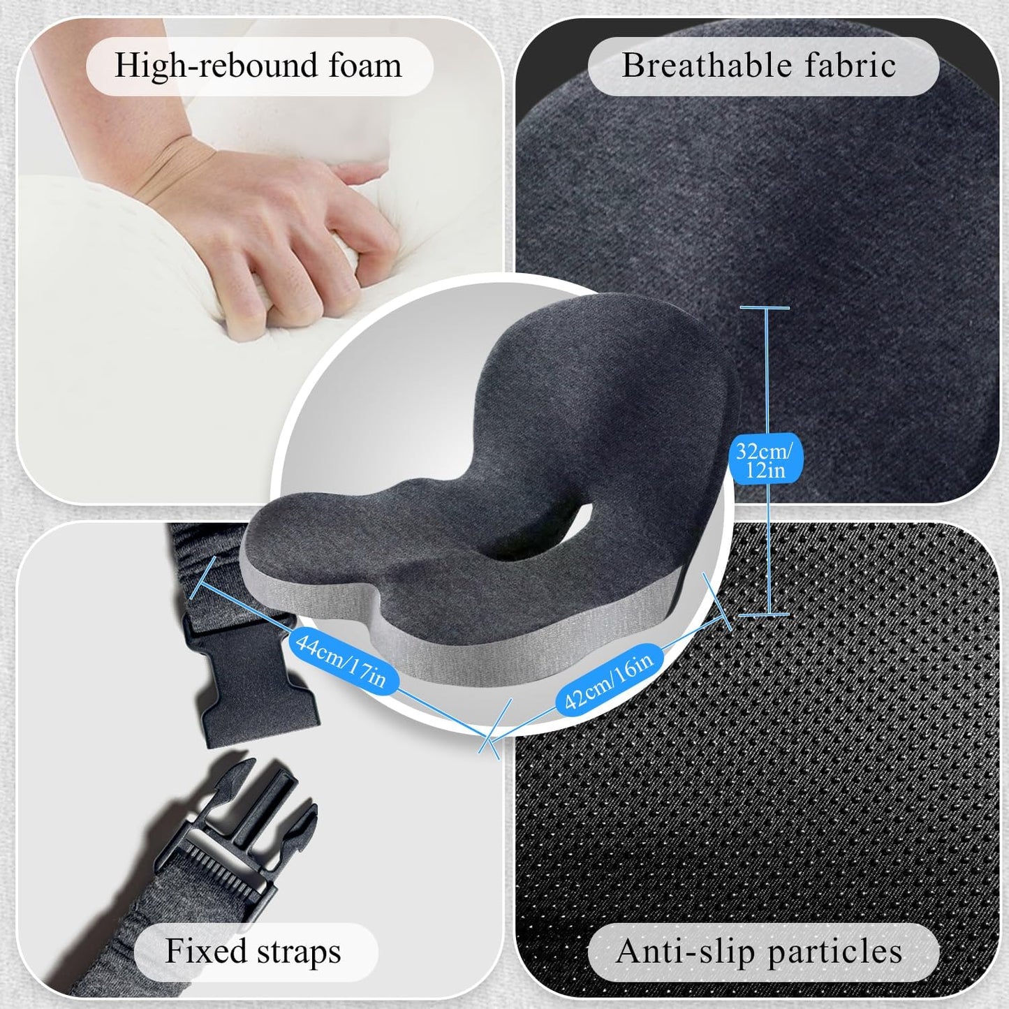Car Seat Cushion, Memory Foam Driving Cushion with Adjustable Strap, Ergonomic Pad for Car & Semi Truck, Office Chair Cushion for Sciatica & Lower Back Pain Relief, Dark Gray