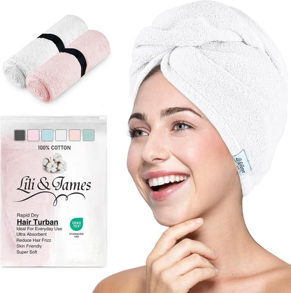 Lili&James 100% Cotton Hair Towel Wrap for Women & Kids – 420 GSM Quick Dry Hair Turban with Double Button Loop, Anti Frizz Non Microfiber Hair Drying Towel for Curly, Long & Thick Hair (Lilac)