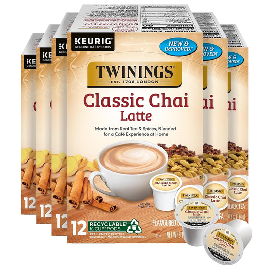 Twinings Chai Latte Black Tea 72 K-Cup Pods for Keurig, 12 Count (Pack of 6), Creamy, Slightly Sweet, Less Sugar, Caffeinated, Enjoy Hot or Iced
