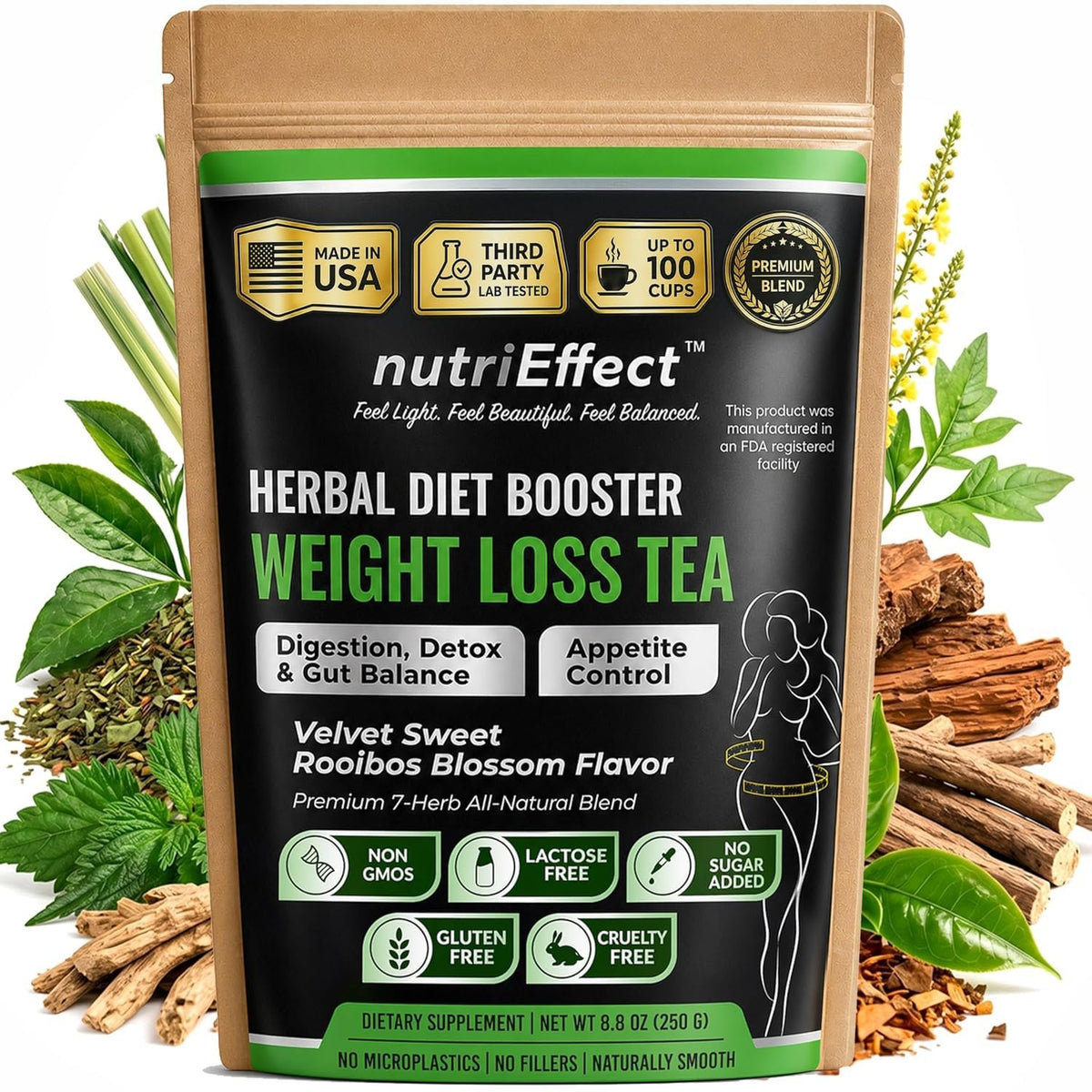 NutriEffect 7-Herb Herbal Tea Blend – Up to 100 Cups | 250g (8.8 oz) Loose Leaf Tea – Rooibos, Yerba Mate & Nettle Blend – Smooth & Naturally Refreshing