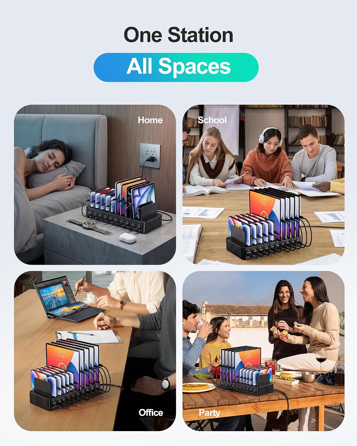 20-Port 270W Charging Station for Multiple Devices with 10 Charging Cables