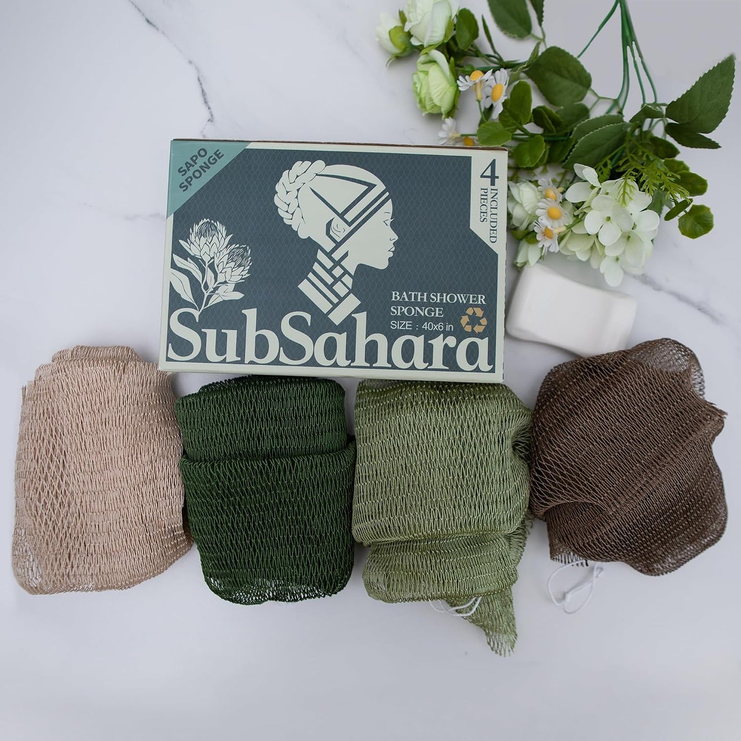 SubSahara Authentic African Net Sponge - 2 Pack Exfoliating Bath & Shower Loofah Sponge for Body & Face, Gentle Scrubber for All Skin Types, Travel, Durable Polyester (Olive Green & Light Green)
