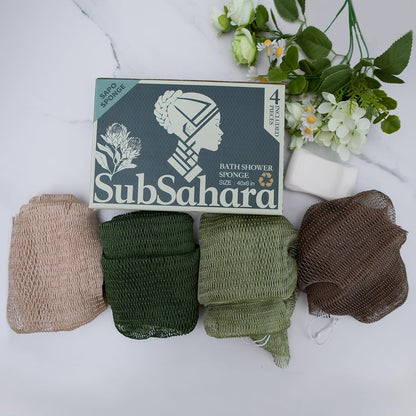 SubSahara Authentic African Net Sponge - 2 Pack Exfoliating Bath & Shower Loofah Sponge for Body & Face, Gentle Scrubber for All Skin Types, Travel, Durable Polyester (Olive Green & Light Green)