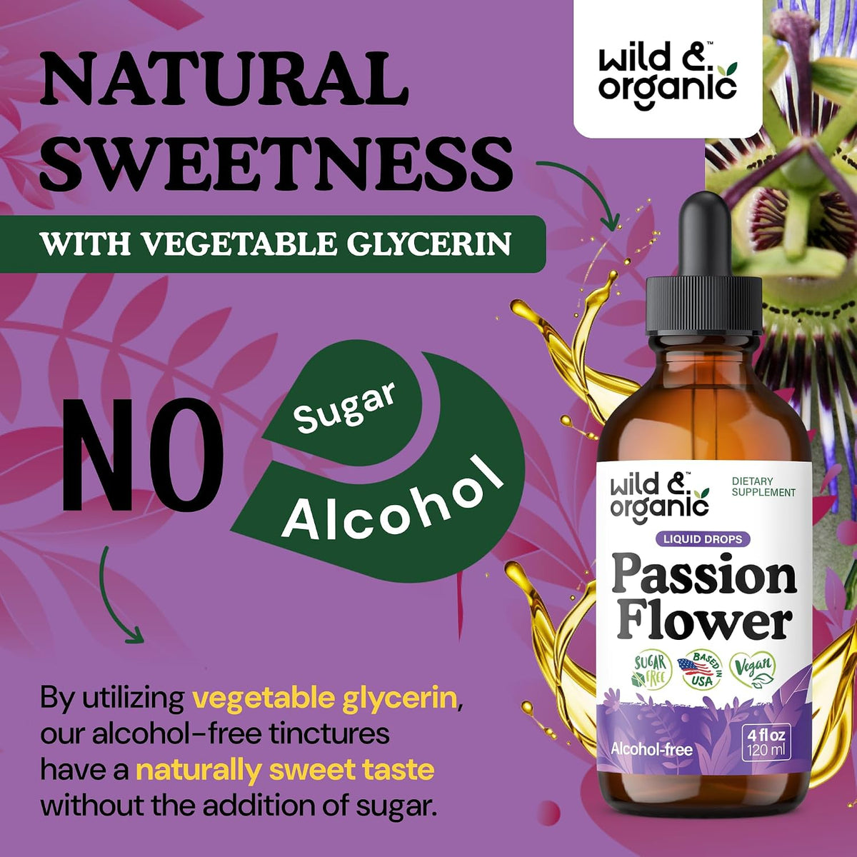 Wild & Organic Passion Flower Tincture - Relaxation, Calmness Support - 4oz