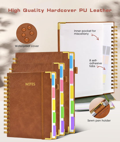 Hardcover Spiral Notebook journal with Removable Dividers Tabs, 300 Pages Leather 5 Subject Notebook College Ruled, 8"x10" Large B5 Notebooks for Work School Note taking, Lined Journal for Women,Black