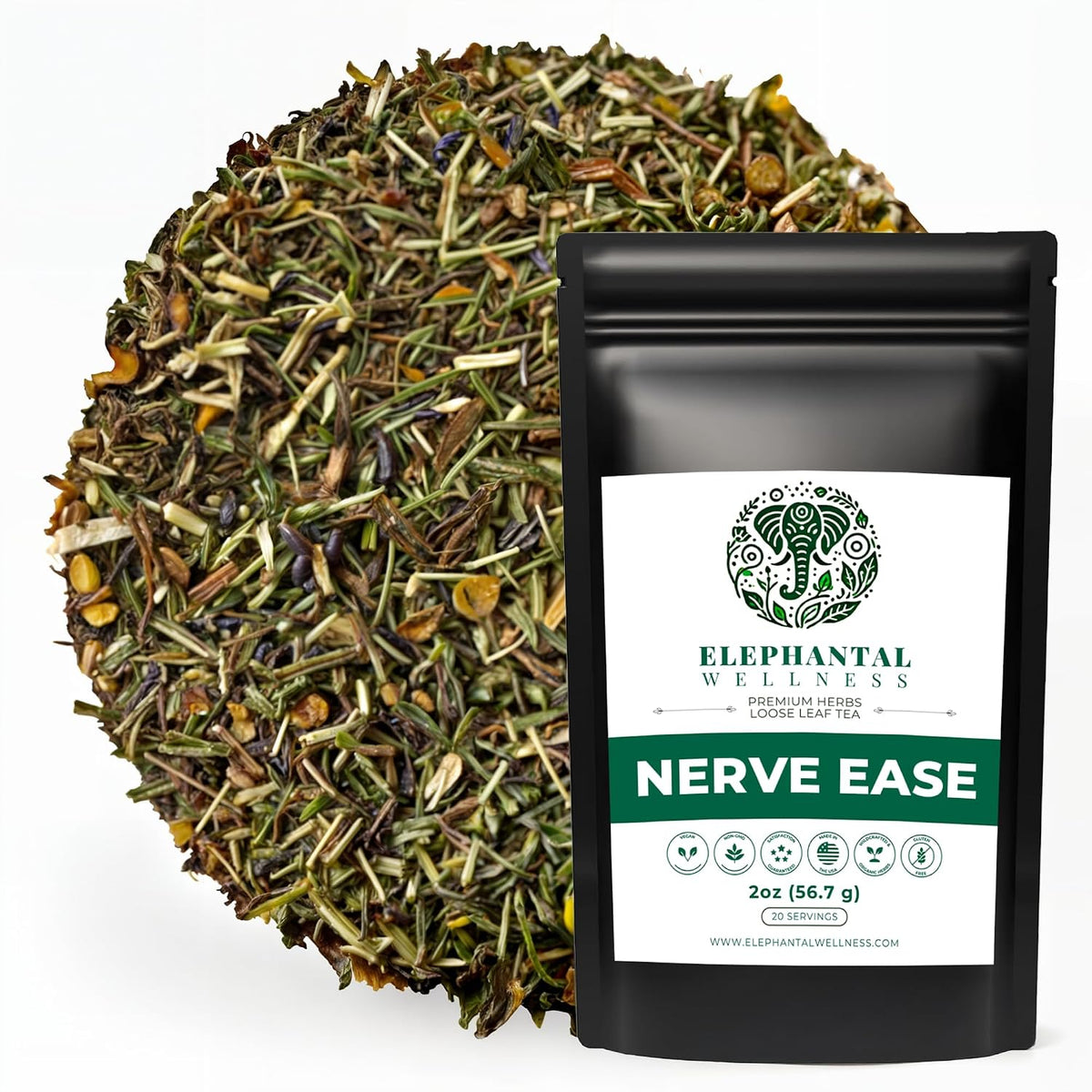 Elephantal Wellness Nerve Ease Herbal Tea | Botanical Blend with Chamomile, Passionflower, Lemon Balm, Valerian & St. John's Wort | Loose Leaf, Caffeine-Free, 2oz, 20 Servings