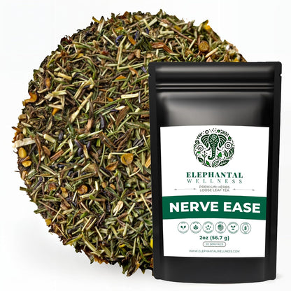 Elephantal Wellness Nerve Ease Herbal Tea | Botanical Blend with Chamomile, Passionflower, Lemon Balm, Valerian & St. John's Wort | Loose Leaf, Caffeine-Free, 2oz, 20 Servings