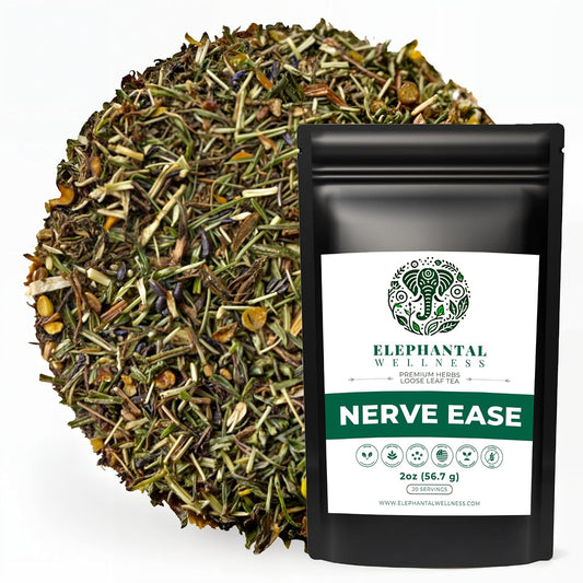 Elephantal Wellness Nerve Ease Herbal Tea | Botanical Blend with Chamomile, Passionflower, Lemon Balm, Valerian & St. John's Wort | Loose Leaf, Caffeine-Free, 2oz, 20 Servings