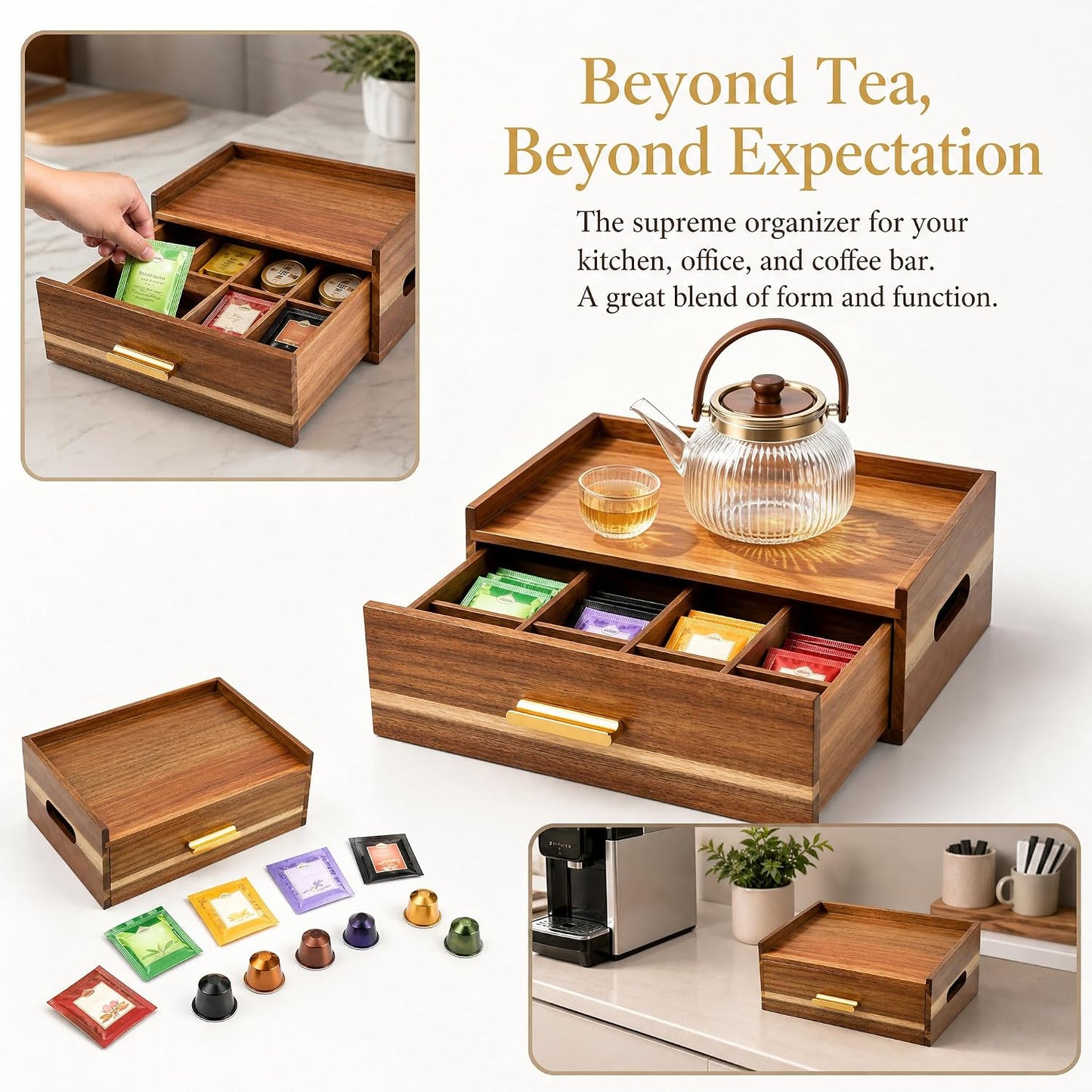 Acacia Wood Tea Bag Organizer 8 Compartment Storage Box & Organizer with Drawer Tea Bag Holder Container Chest,Coffee Station Sugar Packet Display for Countertop, Pantry, Office Cabinet