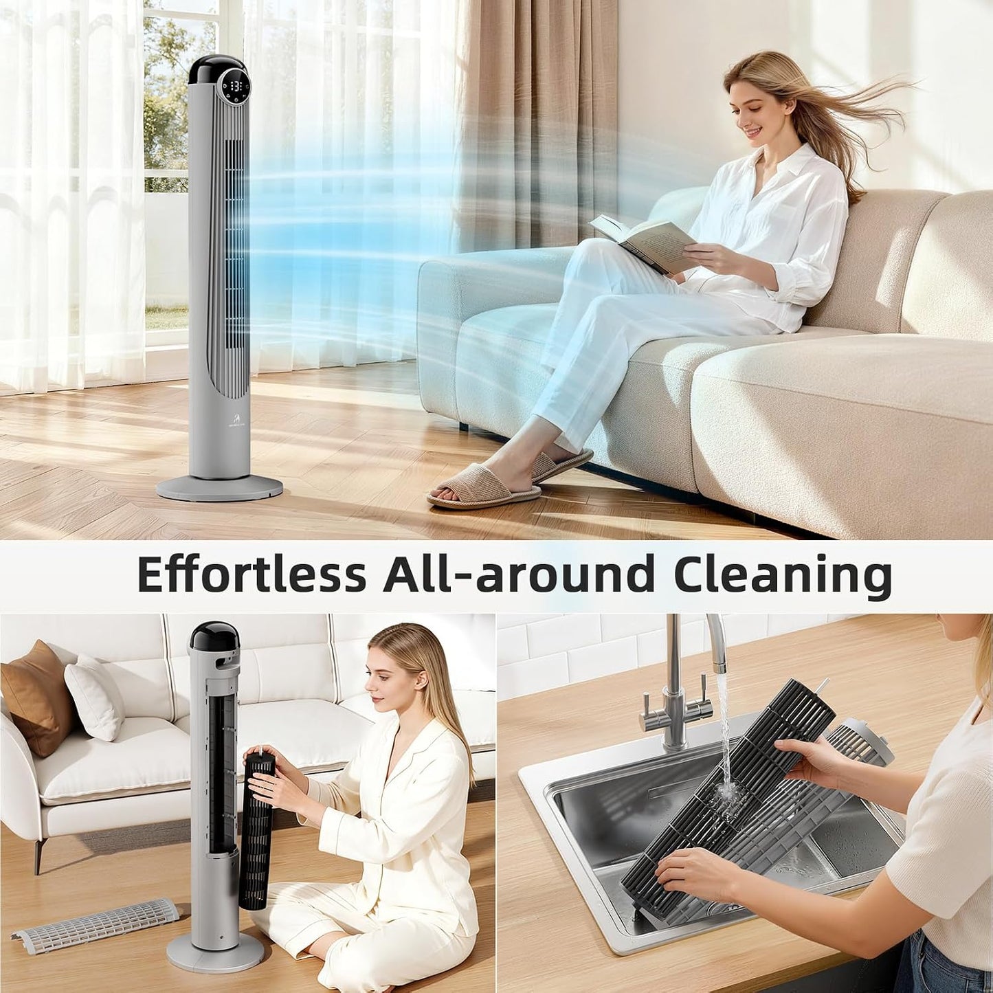 Antarctic Star T36 Tower Fan-36 Inch, Bladeless Oscillating Fan with Remote, 6 Speeds & 4 Modes, LED Display, 9H Timer, Quiet Floor Standing Fan for Bedroom Living Room Office, Pink