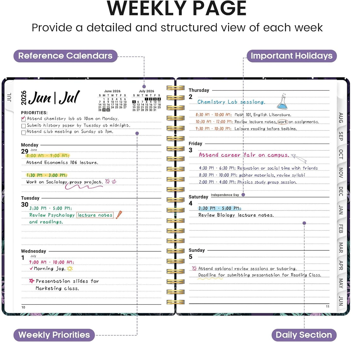 Planner 2026-2027, Academic Monthly and Weekly Calendar Planner for Women, July 2026 - June 2027, Hardcover Pretty Agenda Planner Book with Tabs, Spiral Daily Organizer for School Office Home Supplies, 6.3" x 8.5" - Blue Floral