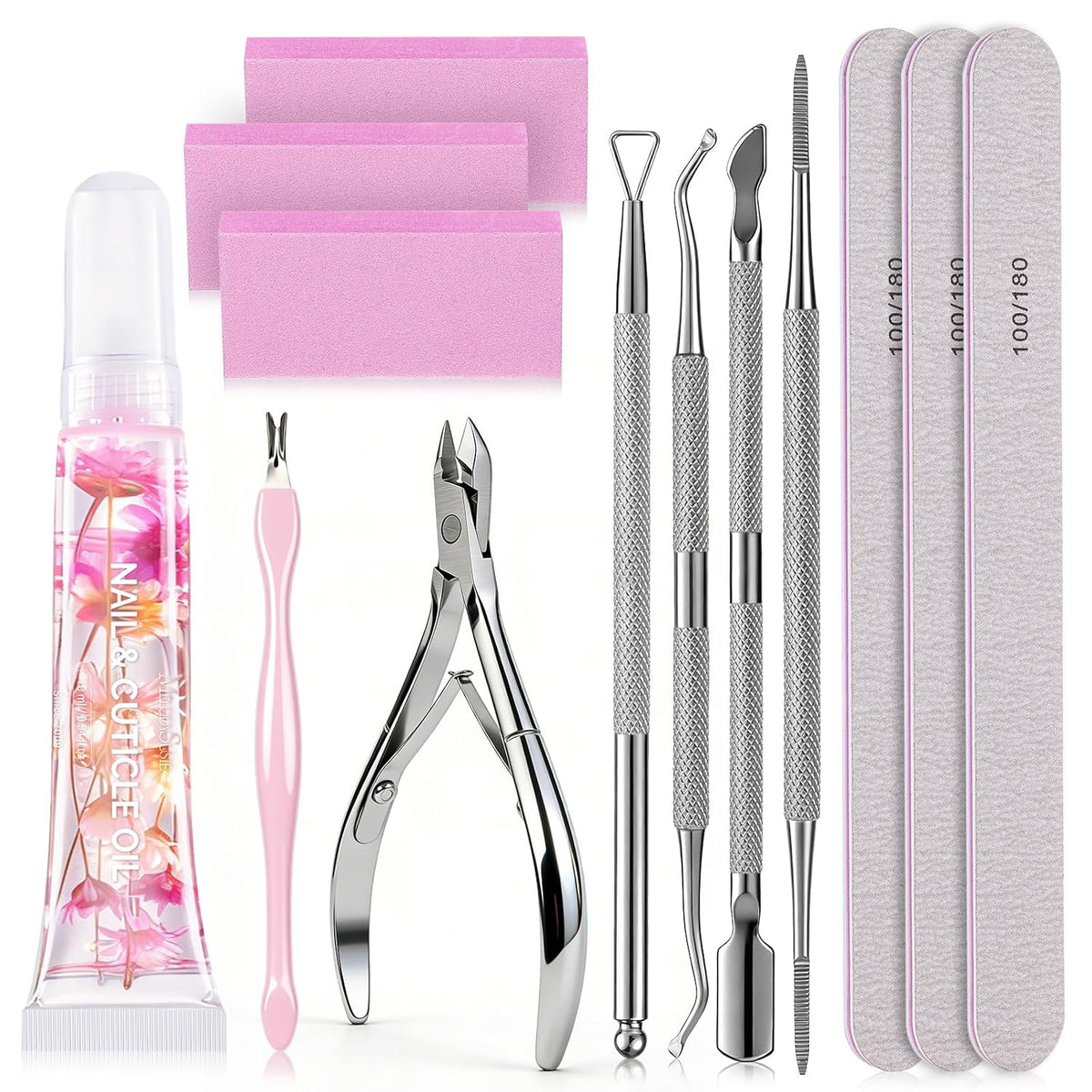 MelodySusie 16Pcs Professional Nail Buffer Kit,Nail Files and Buffers,Nail Buffer Block,Nail Brush, Nail File Buffers Kit for Natural Nails,DIY,Home Use,Salon（100/180 Grit）
