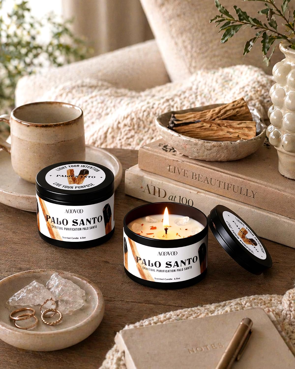 AOOVOO Sage Candle for Cleansing - 3 Wick 12oz Large Scented Candle with Crystals & Sage Leaves Inside, Soy Candles Non Toxic for Meditation Spiritual Gift, Aromatherapy Candle for Women Men