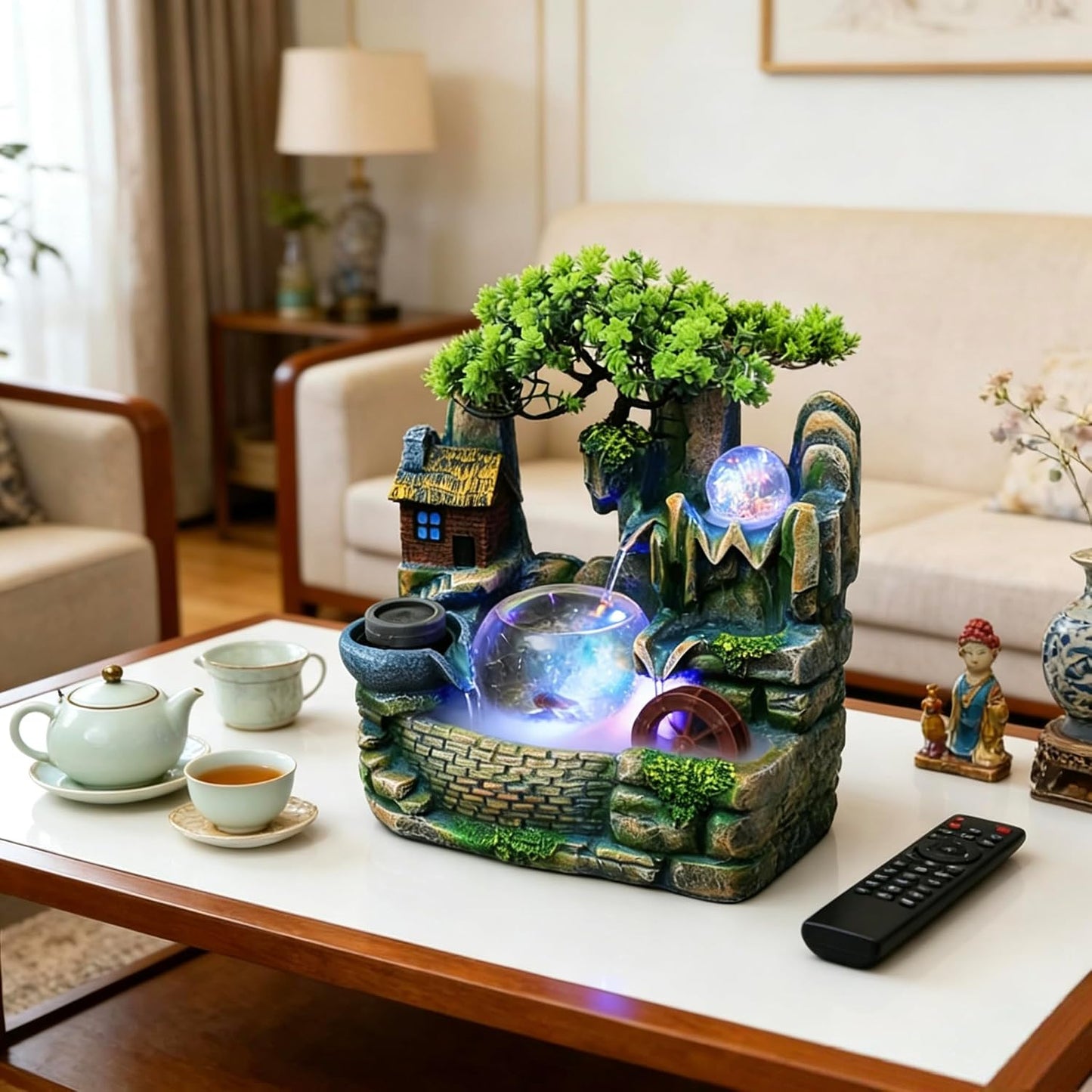 Mini Artificial Bonsai Tree Waterfall Fog Feature Rock Tabletop Fountain | 11in Desktop Decor Waterfall Fountain W/ Water Pump& Atomizer&LED Lights &Fake Tree Office Bedroom Relax