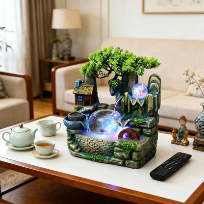 Mini Artificial Bonsai Tree Waterfall Fog Feature Rock Tabletop Fountain | 11in Desktop Decor Waterfall Fountain W/ Water Pump& Atomizer&LED Lights &Fake Tree Office Bedroom Relax
