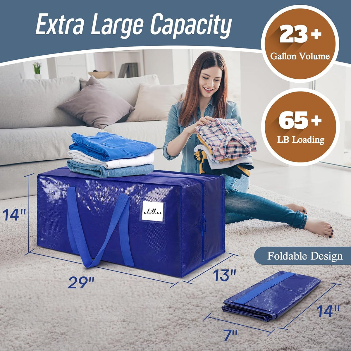 Extra Heavy Duty Large Moving Bags with Strong Zipper, Dark Blue
