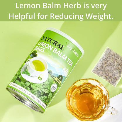 60 Lemon Balm Tea Bags - VitalForest Dried Lemon Balm Leaves Tea -1.5g/Bags, Calming Herb, Stress Relief & Sleep Support, Non-GMO, Caffeine-Free